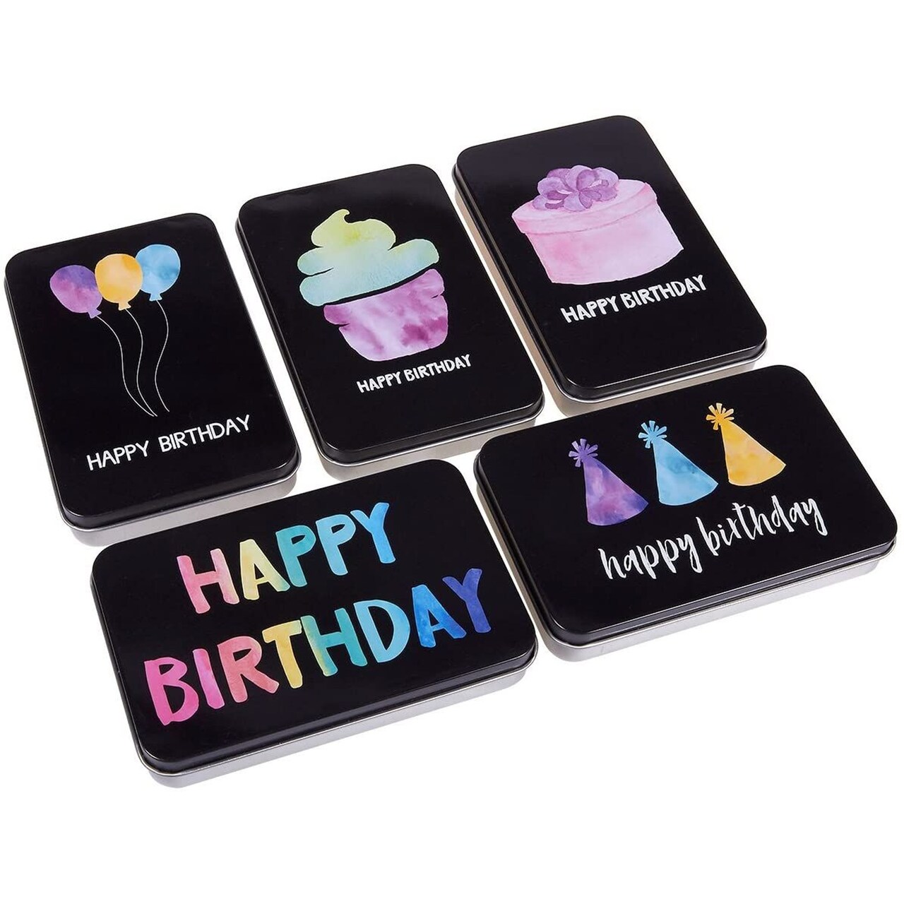 Small Tin Containers for Gift Cards, Happy Birthday Boxes (5 Pack)